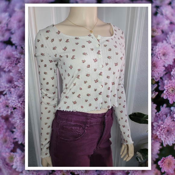 Forever 21 floral print long sleeve button up cropped knit blouse lettuc… - Picture 2 of 4